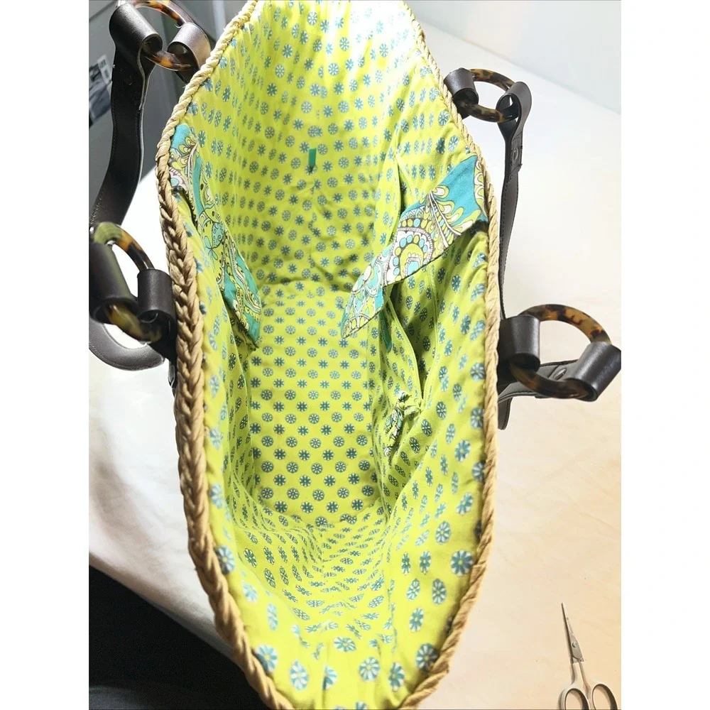 Vera Bradley Peacock Blue Green Floral Wicker Tote Bag Large Mod Straw Shopper - Picture 4 of 5